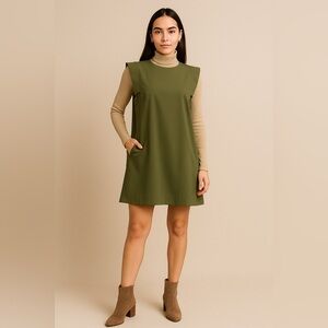 Glam Olive Shift Dress L‎ Minimalist A-Line Modern Tunic w Pockets Fall Capsule